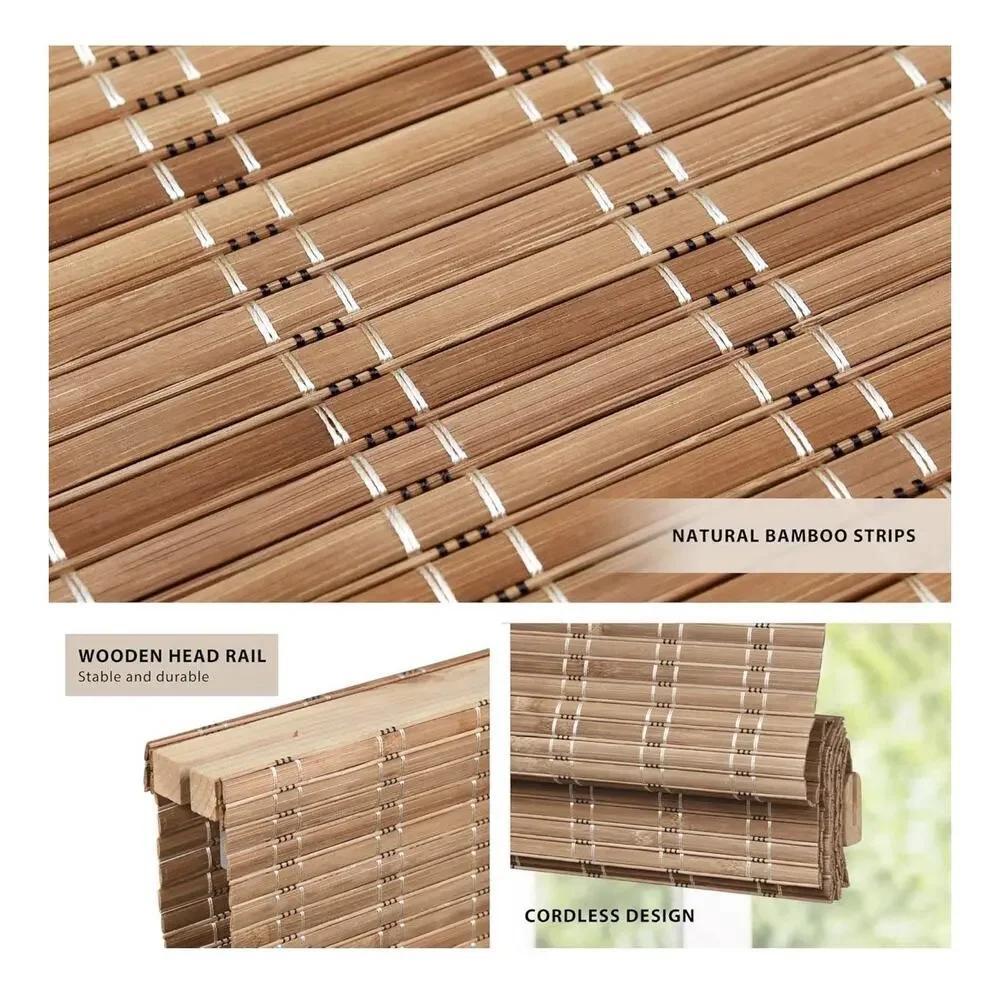 LazBlinds 22x64 Cordless Bamboo Roman Shade Brown Light Filtering No Drill